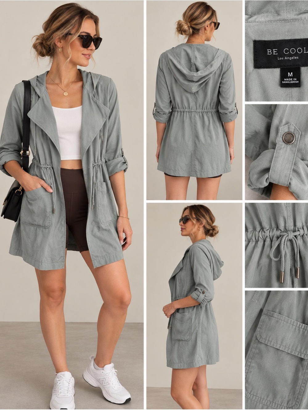 BE COOL Women's Dusty Blue Hooded Trench with Drawstring Waist